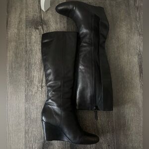 Via Spiga Black Leather Knee High Wedge Boot Size 7.5